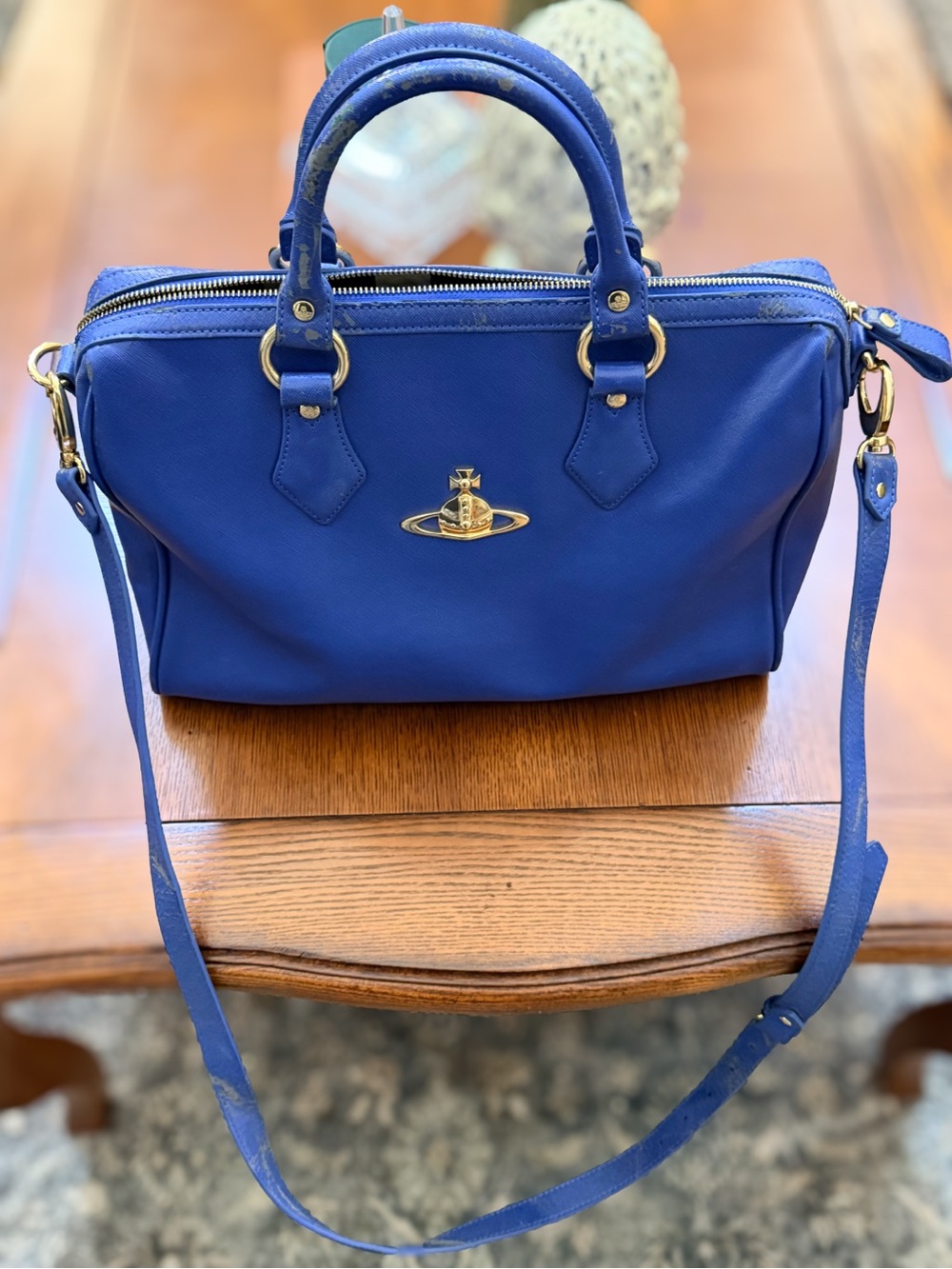 Vivienne Westwood Royal Blue Leather Satchel with Gold Hardware (defective)